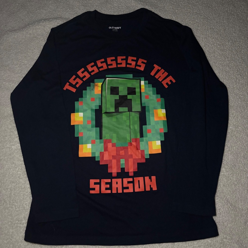Old Navy Boys Minecraft Christmas Creeper Long Sleeve Graphic Tee Navy XL 14-16